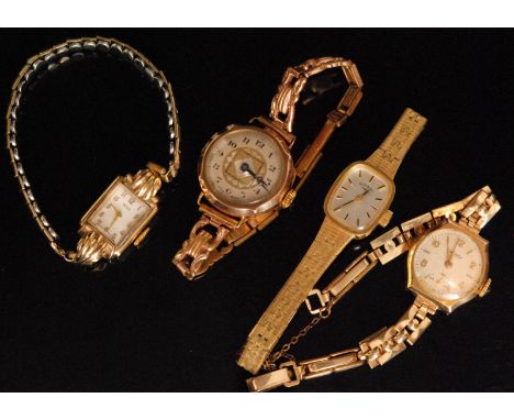 An early 20th Century ladies 9ct rose gold wrist watch, with two later 9ct examples and a Rotary plated watch. A/F (4). 