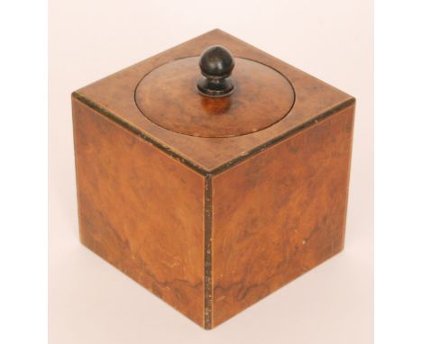An early 20th Century burr walnut square tea caddy with turned finial knop cover, height 12cm