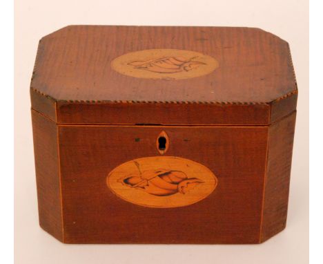 A George III inlaid mahogany octagonal tea caddy inlaid with oval shell paterae, width 19cm