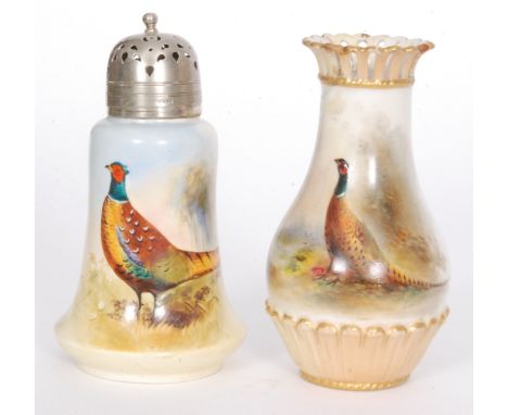 A late 19th Century Locke & Co Worcester sugar sifter decorated with a hand painted pheasant by H. Wall, printed mark, height