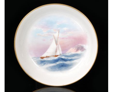 A Royal Worcester pin dish coaster decorated with a hand painted sailing boat in choppy waters, puce mark with date code for 