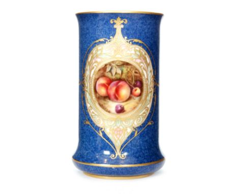 A Royal Worcester footed cylinder vase decorated with a hand painted roundel with peaches and cherries, signed W. Bee, all to