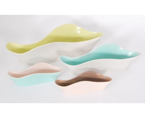 Four Poole Pottery Freeform wavy edge dishes comprising one large 43cm C103 (lime yellow and seagull), one 34.5cm C57 (ice gr