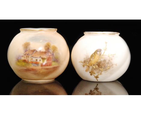 A Royal Worcester shape G161 vase of ovoid form decorated with a hand painted scene of Anne Hathaway's cottage against a blus