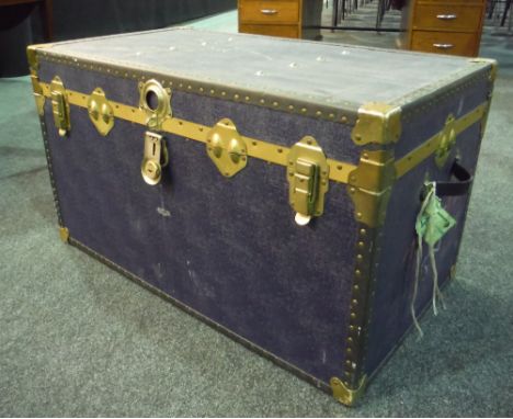 A 20th Century brass banded blue cabin trunk, width 90cm