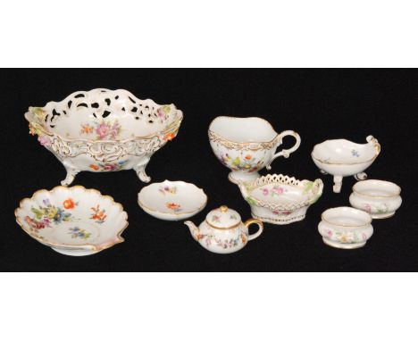 A small collection of assorted 20th Century Dresden china to include a miniature teapot, teacup, table salt and an encrusted 