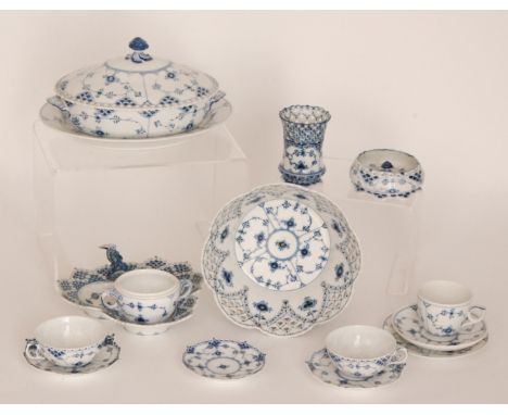 A collection of assorted Royal Copenhagen Blue Fluted pattern wares comprising an oval tureen and cover, a meat dish, a trio,