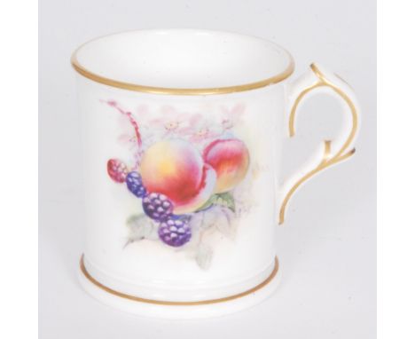 A Royal Worcester tankard decorated with peaches and blackberries against the milk white ground, puce mark with date code for