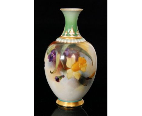 A small Royal Worcester Hadley Ware vase decorated with hand painted violets and daffodils, green printed mark, height 11cm 