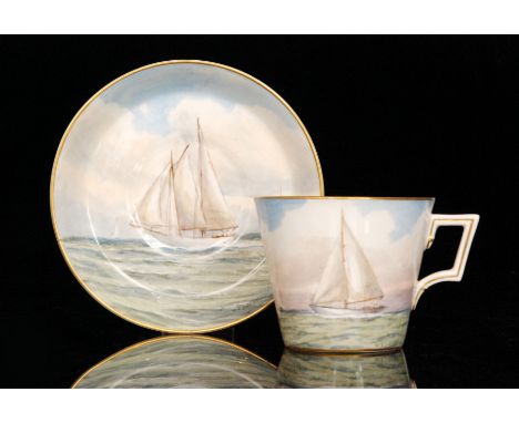 A Royal Crown Derby breakfast teacup and saucer decorated by W.E.J Dean with hand painted yachts on calm waters, both signed,