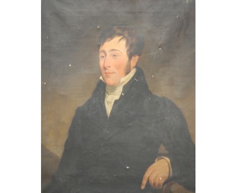 C. HANCOCK (EARLY 19TH CENTURY) - Portrait of a young man wearing a black coat and high collar, half length, signed and dated