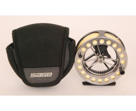 A Sage 4550 alloy trout reel, wt:5/6, with black/titanium finish, adjustable drag, perforated spool, 3.5 inches diameter, neo