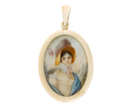 A 19th Century portrait miniature three quarter length study of a young lady wearing a bonnet, all within an ivory frame term