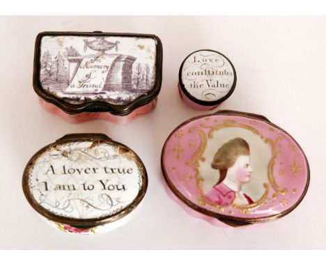 A 19th Century Bilston enamelled patch box titled 'In memory of a friend', another 'A lover true I am to you', a small circul