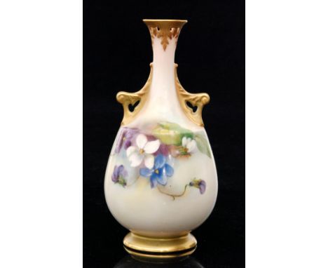 A Royal Worcester twin handled vase decorated with violets and foliage, puce printed mark with date code for 1913, height 15c