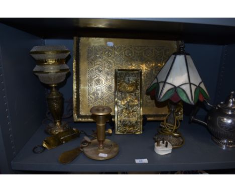 An interesting collection of vintage and antique brass and similar including embossed lamp,Key holder,large tray, candle stic