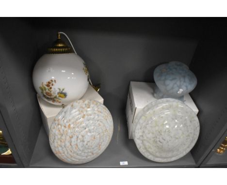 A selection of art deco design light and lamp shades including fly catcher and mottled blue