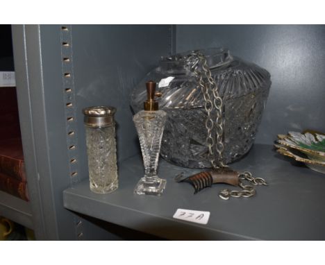 An early 20th century cut glass ceiling lamp shade also included is perfume bottle and similar dressing table jar.