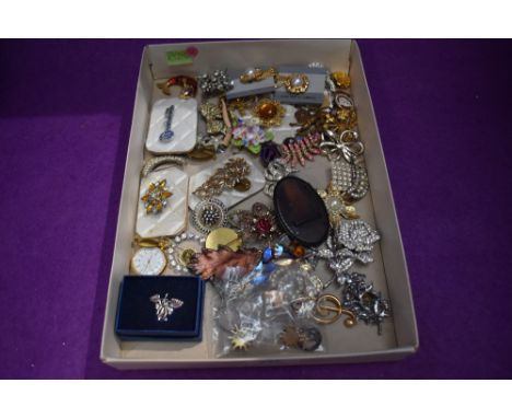 A selection of brooches including ceramic, diamante, Golly etc