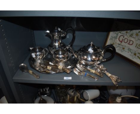 A lot containing plated ware and more, including cutlery, sugar basin, teapot, tray and more.