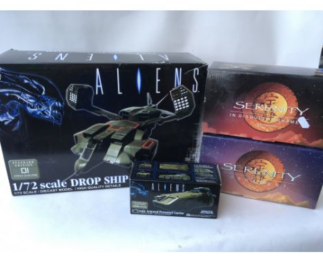 An Aliens boxed 1/72 scale Drop ship and Armored personnel carrier , 2x Serenity ornaments