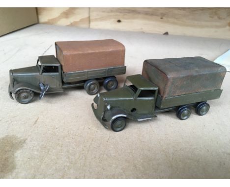 Triang minic tinplate, clockwork, 2x six wheel Army canvas tilt lorries