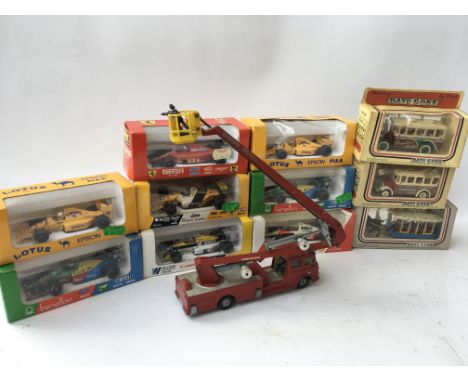 A collection of boxed diecast including Lledo days gone and Onyx boxed racing F1 cars also a Corgi Simon Snorkel fire engine