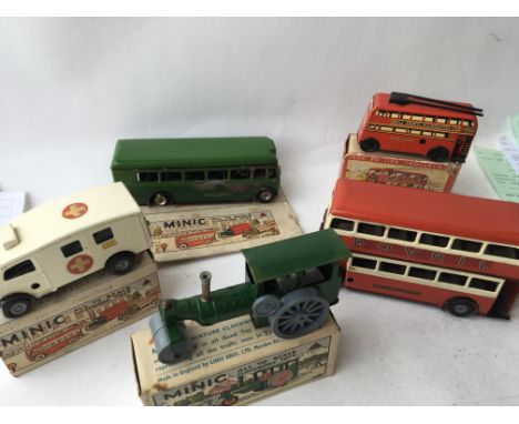 Triang Minic boxed short bonnet ambulance van, Minic boxed Steam roller, Minic single decker bus , Minic London transport dou