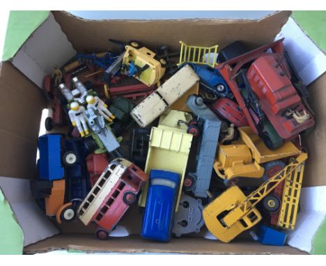 A box of loose playworn diecast including Dinky, Corgi, Lone Star, Tops Toys etc