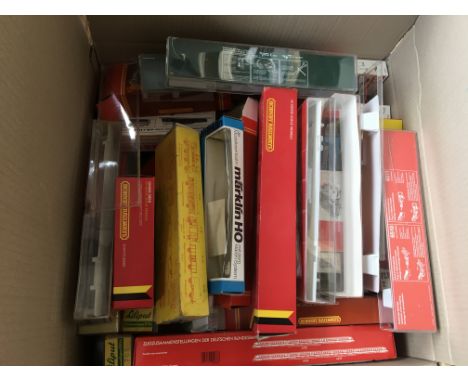 A large box of empty railway boxes including Hornby, Fleischmann, Marklin, Roco etc