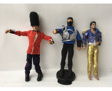 A vintage Royal guard Actionman, a snake eyes GI Joe action figure on stand and a 12” figure of Michael Jackson