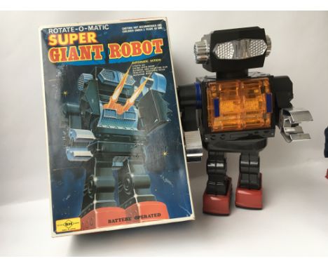 A Japanese boxed, plastic, battery operated, Rotate o matic, Super Giant Robot