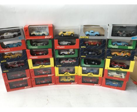 A collection of boxed diecast sports cars all in Perspex display boxes 1:43 scale