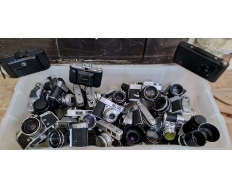 A box of assorted vintage caneras &amp; lenses to include a no. 2a folding autographic brownie, A Zeiss Ikon Folding Bed Came