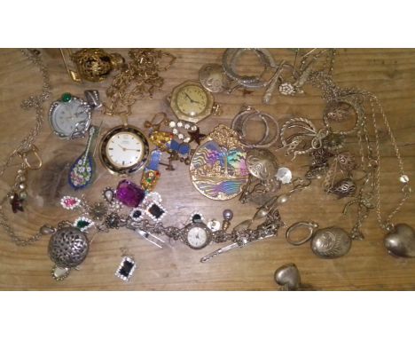 A mixed lot fo jewellery including silver, watches, a loose amethyst etc.  