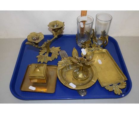 Quantity of brass wares, two brass beakers, brass candelabra etc