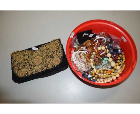 Mixed Lot: Assorted costume jewellery to include bead necklaces and a gilt embroidered and decorated handbag