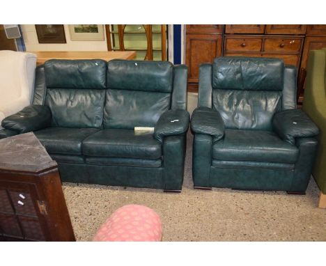 Green upholstered two seater sofa and matching armchair