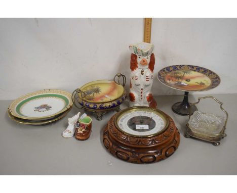 Wall mounted oak cased barometer, pair or cabinet style plates, Staffordshire dog, Egyptian style tazza and other items