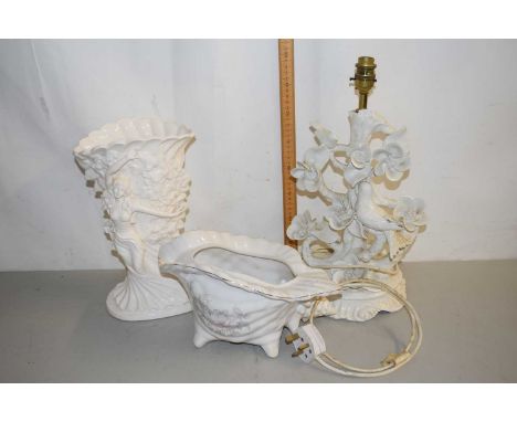 A porcelain based table lamp, a shell formed planter and a further cornucopia vase (3)