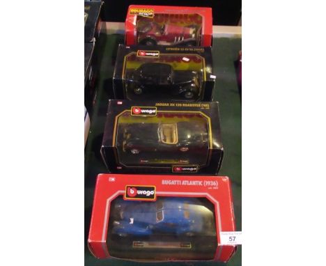 A collection of four Bburago die-cast cars, to include: Bugatti Atlantic, Jaguar XK120 Roadster, Citroen 15CVTA (1938) and a 