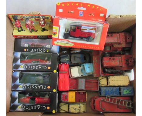 A collection of play-worn toys, to include: Dinky Super Toy fire engine, bulldozer, tractors, ambulances and other vehicles.