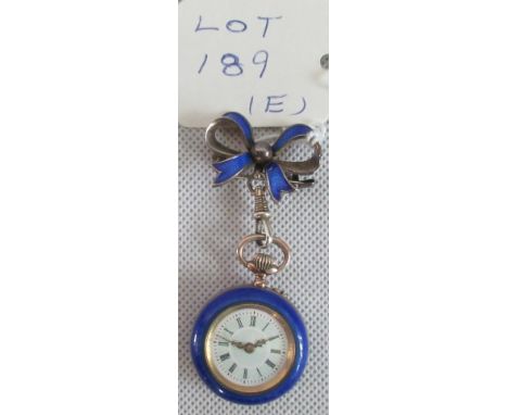 A ladies Continental silver hanging fob watch, with enamel decoration and bow suspension with jeweled movement.