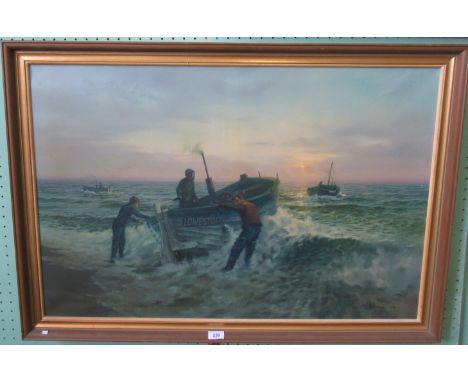 R J Pinnock, a 20th century framed oil on canvas 'At First Light - Dunwich', 60 x 90cm.