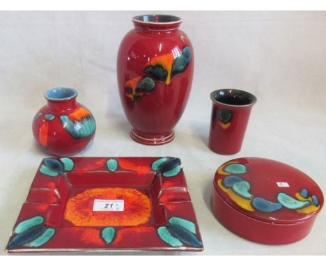 Five items of Poole pottery 'Living Glaze', to include: volcano bud vase, Odyssey powder box and three other items of Poole p