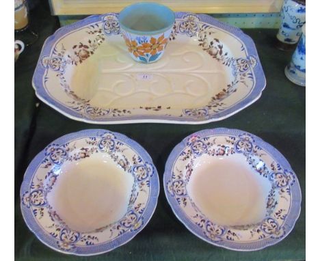 A large Spode blue &amp; white meat plate, together with two matching soup bowls and a Gaudi vase.