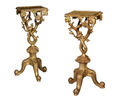 A pair of George III style carved gilt wood tables / torchere stands
In the manner of Thomas Johnson in the rococo taste, the