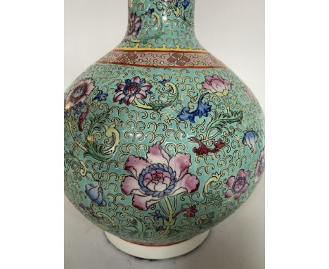 A pair of Chinese-Export famille rose vases converted to table lamps
Of globular form, decorated with pink and blue flowers o