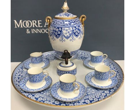 A Copeland Spode blue and white transfer decorated and gilt lined coffee set comprising six coffee can and saucers on a circu