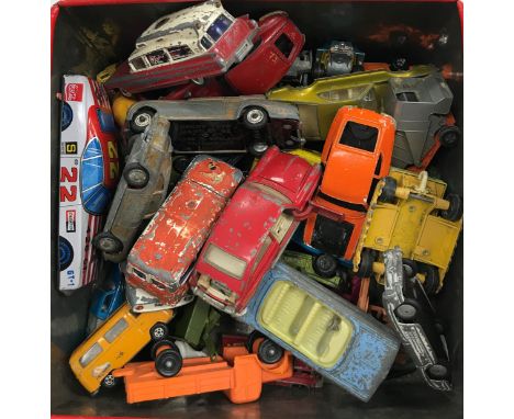 A collection of various playworn model cars including a Corgi Toys Jaguar E Type 2 + 2, James Bond Astin Martin DB5, Dinky To